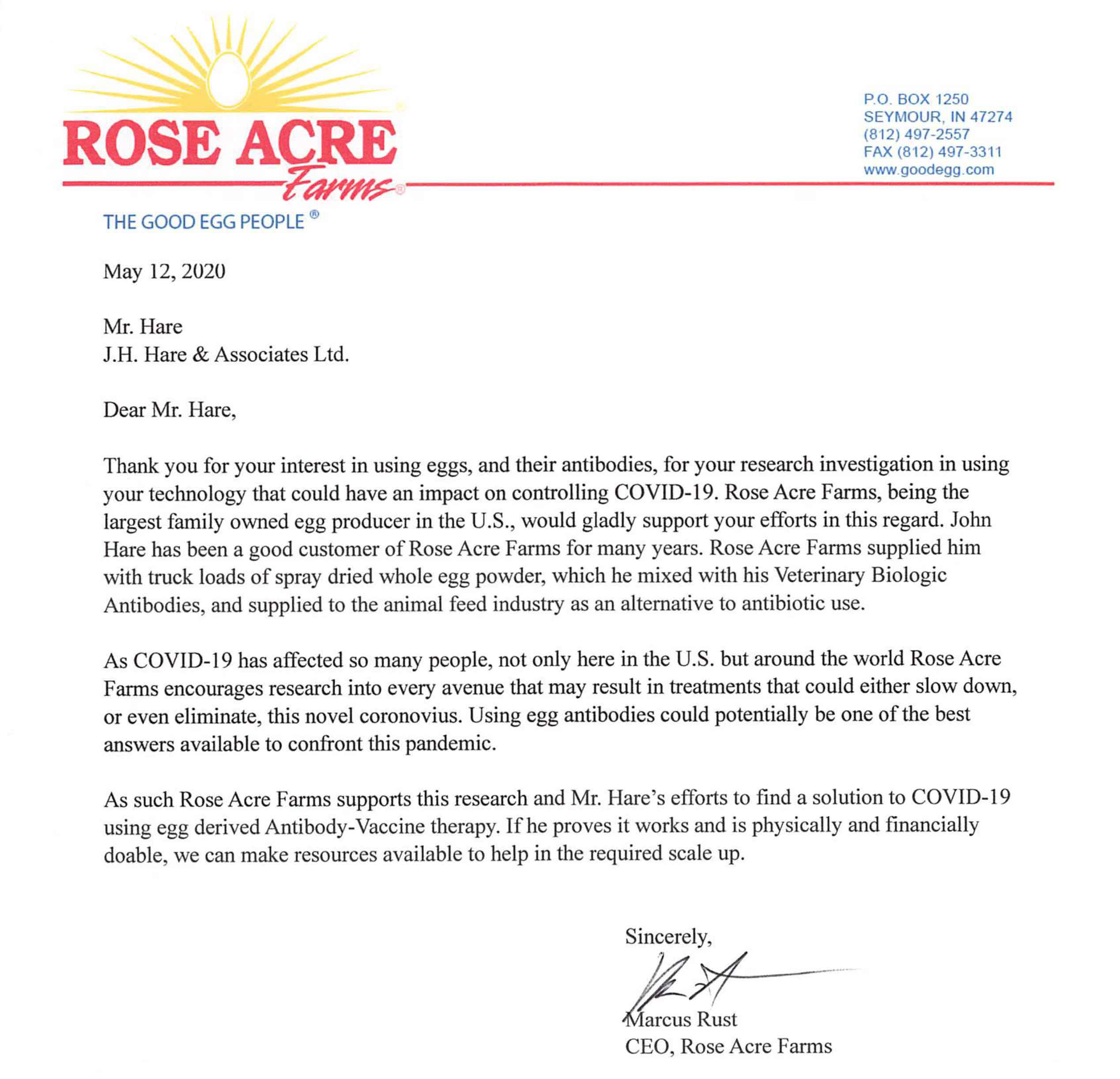 letter of reference from Rose Acre Farms